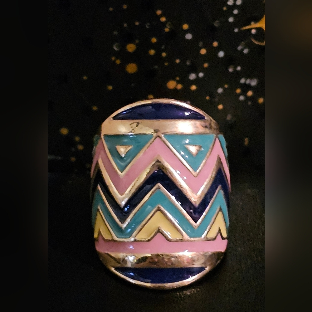 Colorful Chevron Pattern Statemnt Ring-Size 7-Navy/Turquoise/Pink/Yellow/Gold